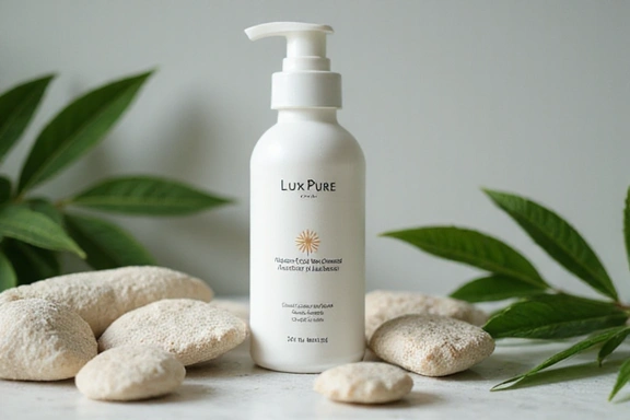A beautifully designed, minimalist bottle of LuxPure product surrounded by natural elements like leaves and stones, emphasizing purity.